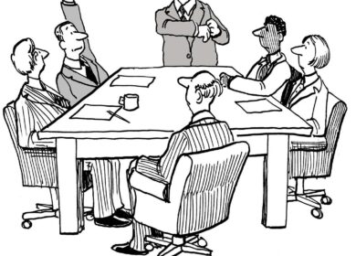 Cartoon of business people in a meeting where a businessman has his arm raised. The leader says to just shout out the idea.