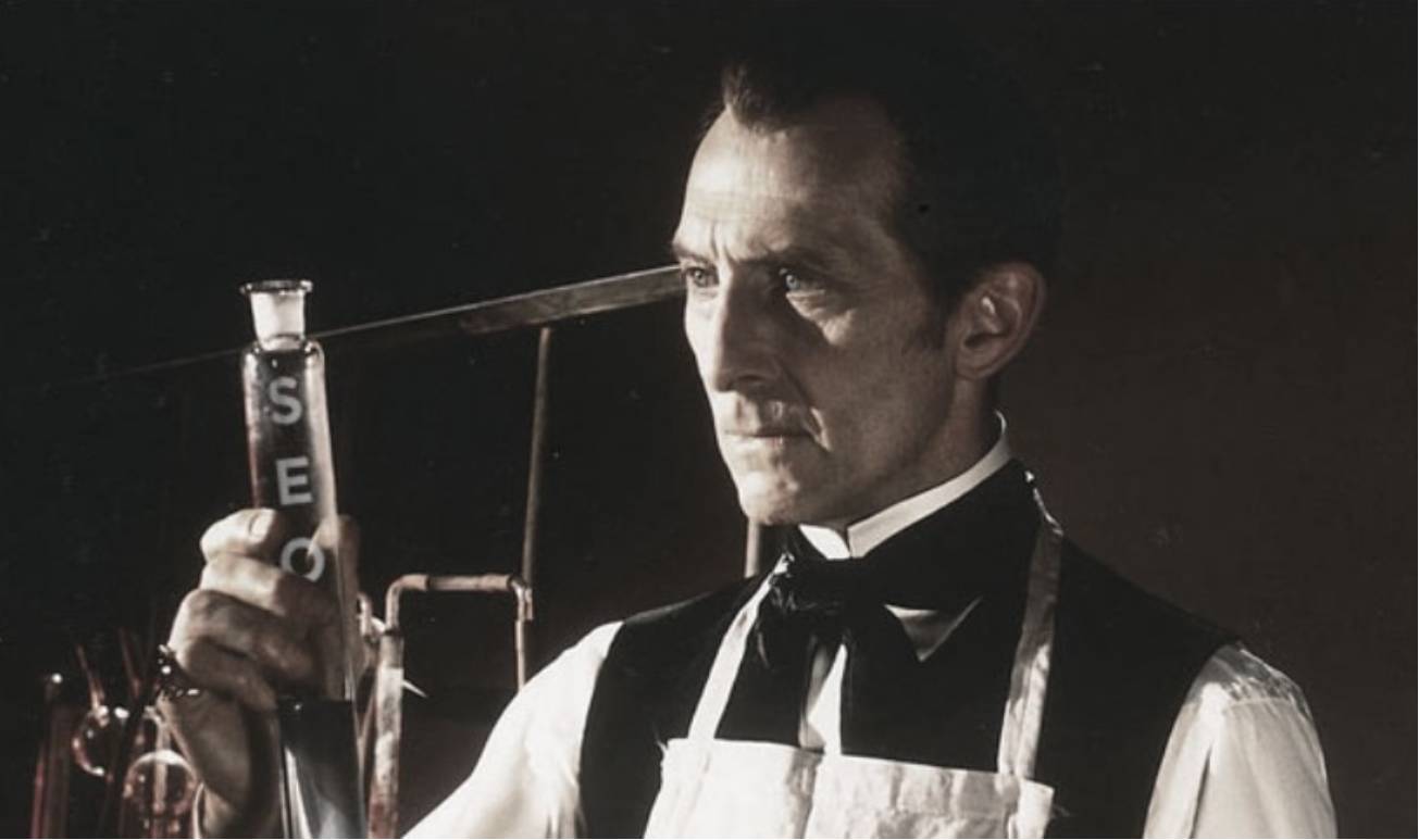 Vintage looking photo of man in a lab holding a vial that says SEO