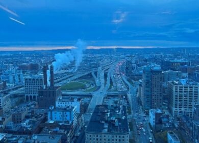 Blue-saturated South Boston skyline