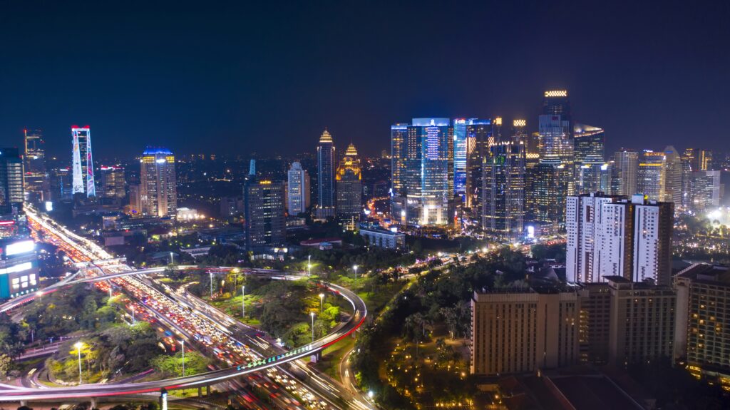 Photo of bright Indonesian skyline at night