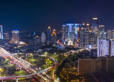 Photo of bright Indonesian skyline at night